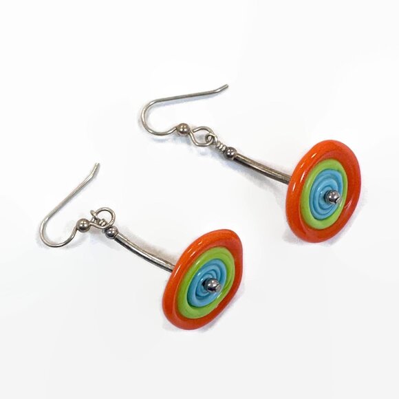 Art Glass Earrings, Lamp Work, Saucer Beads, Boho, Silver, Dangle, Pierced - Picture 3 of 3